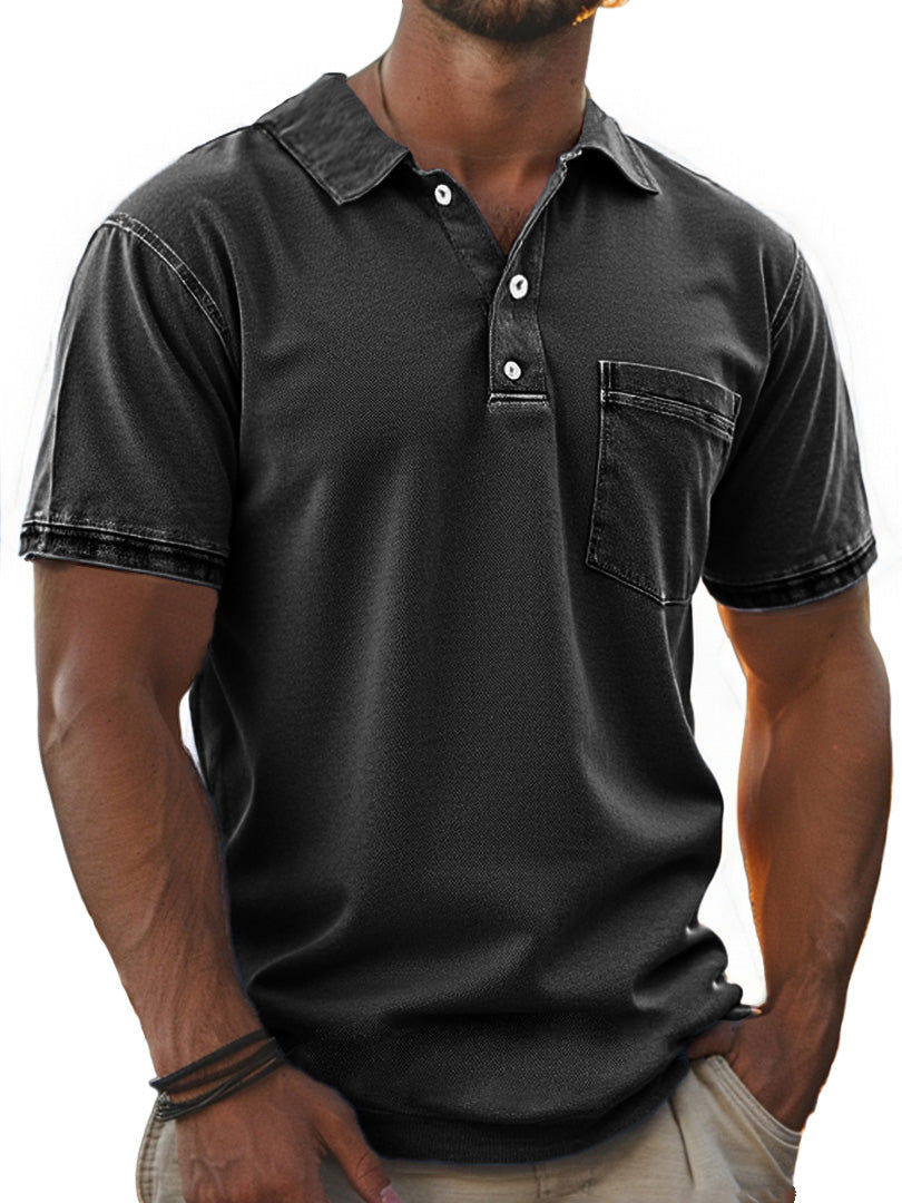 Men's Stylish Retro Pure Cotton Distressed Fabric Pocket Lapel Polo Shirt