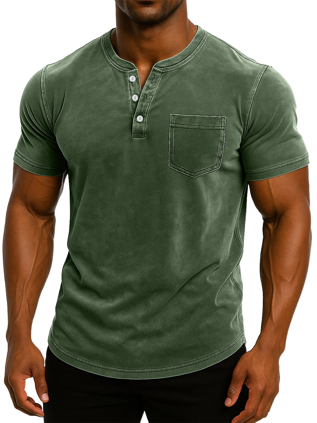 Men's Retro Stand Collar Casual Pocket Solid Color Slim Fit Short Sleeve Henley Shirt
