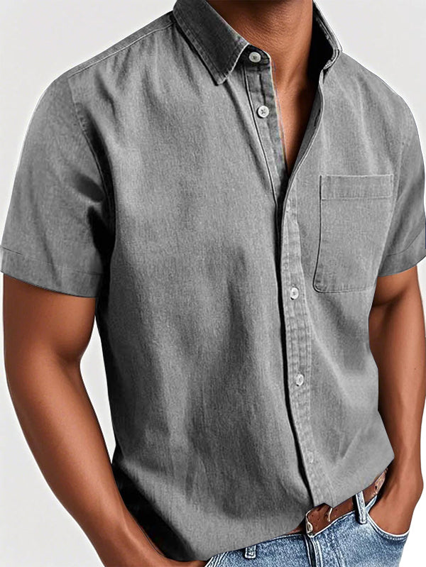 Men's Basic Retro Washed Pocket Short-sleeved Shirt