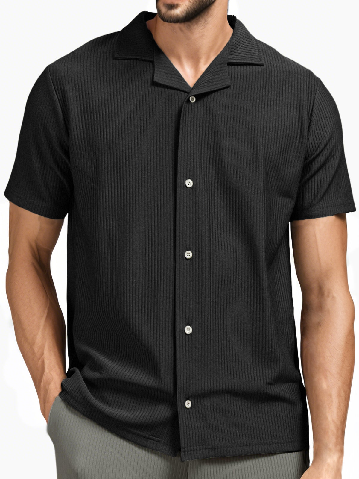 Men's Pit Stripe Pleated Cuban Collar Holiday Casual Button Short Sleeve Shirt
