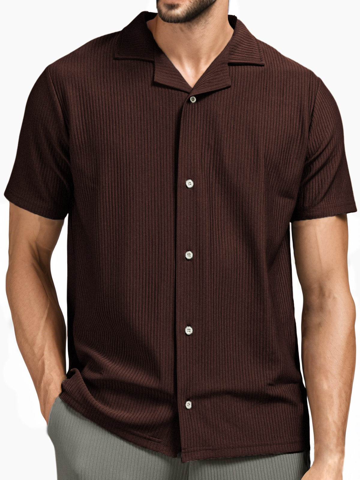 Men's Pit Stripe Pleated Cuban Collar Holiday Casual Button Short Sleeve Shirt