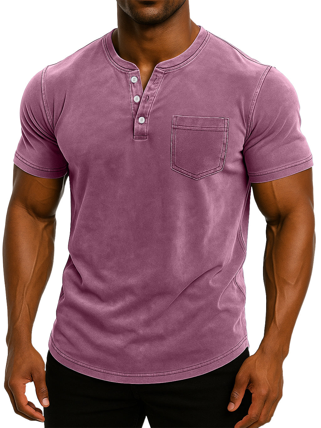 Men's Retro Stand Collar Casual Pocket Solid Color Slim Fit Short Sleeve Henley Shirt