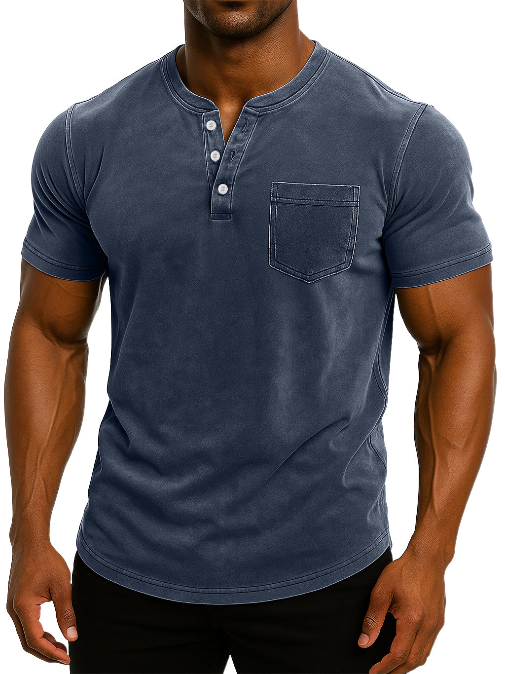 Men's Retro Stand Collar Casual Pocket Solid Color Slim Fit Short Sleeve Henley Shirt
